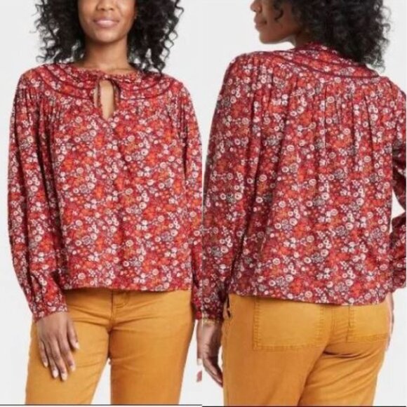 NWT Universal Thread | Size XL | Red Floral Balloon Long Sleeve Shirt Top - Picture 1 of 11